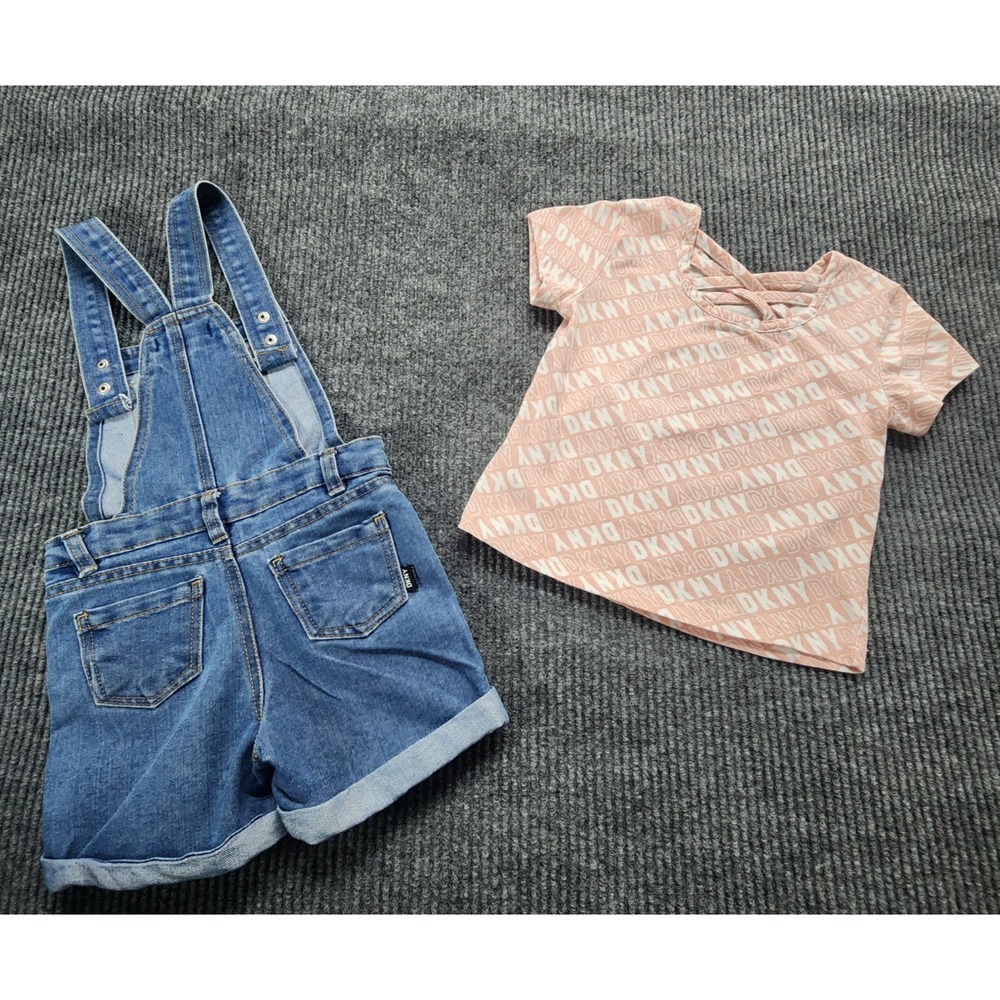 DKNY Overall Denim Jean Shorts with Pink "DKNY" logo top Girls Size 4 - Picture 7 of 15